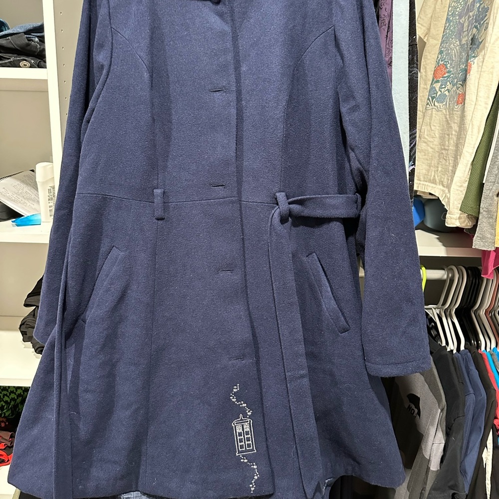 Her Universe Doctor Who TARDIS Blue Hooded Fit & Flare Woolen Trench Jacket